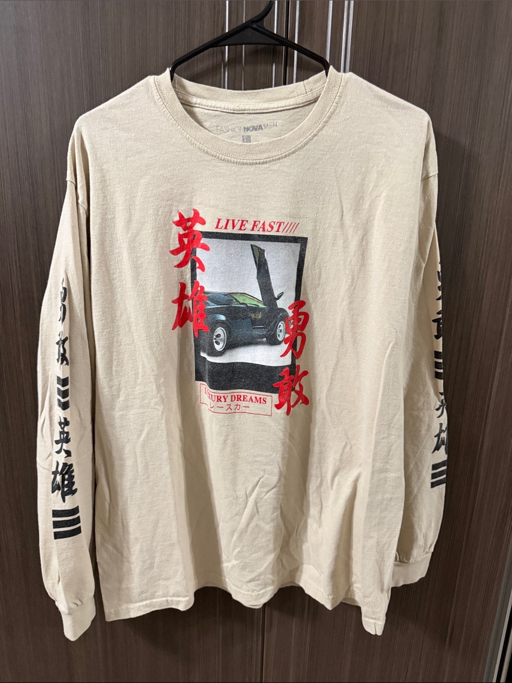 Fashion Nova Beige Long Sleeve Tee with Red and Black Graphic